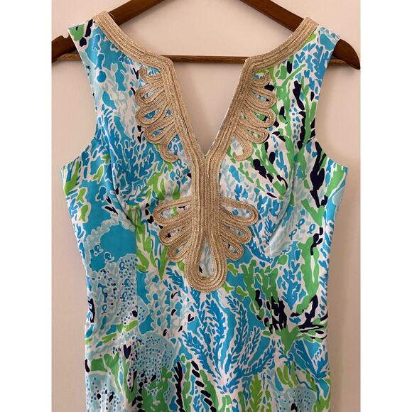 Lilly Pulitzer Janice Blue Green Gold Sheath Shift Dress 2 Flaw Minor - Picture 2 of 10